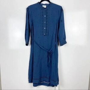NEW Wrap London Blue Embroidered Boho Linen Blend 3/4 Sleeve Midi Dress Size 2